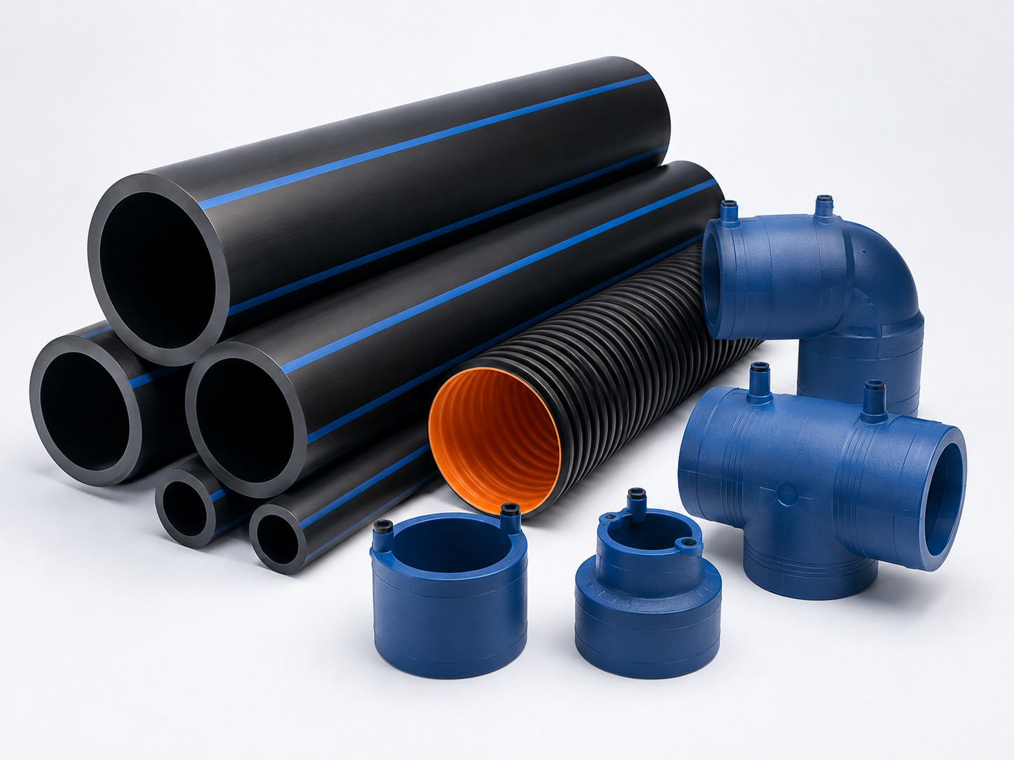 Representative HDPE, MDPE and DWC piping products with electrofusion fittings